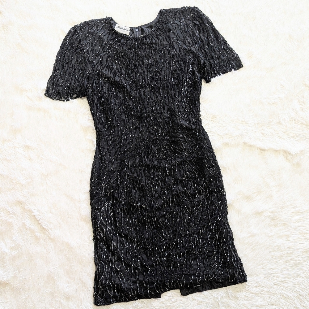 80s Vintage Silky Nites by Cherish Black Sequin & Beaded Cocktail Dress